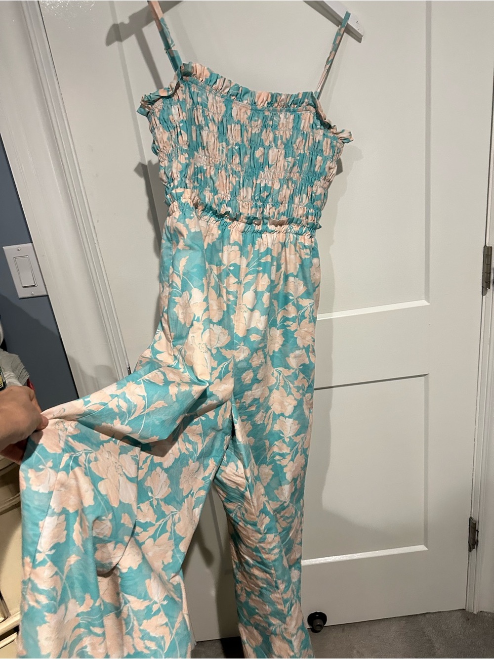 Anthropologie Hutch Smocked Blue Floral Wide Leg Jumpsuit Medium Cotton Pockets - Picture 4 of 7